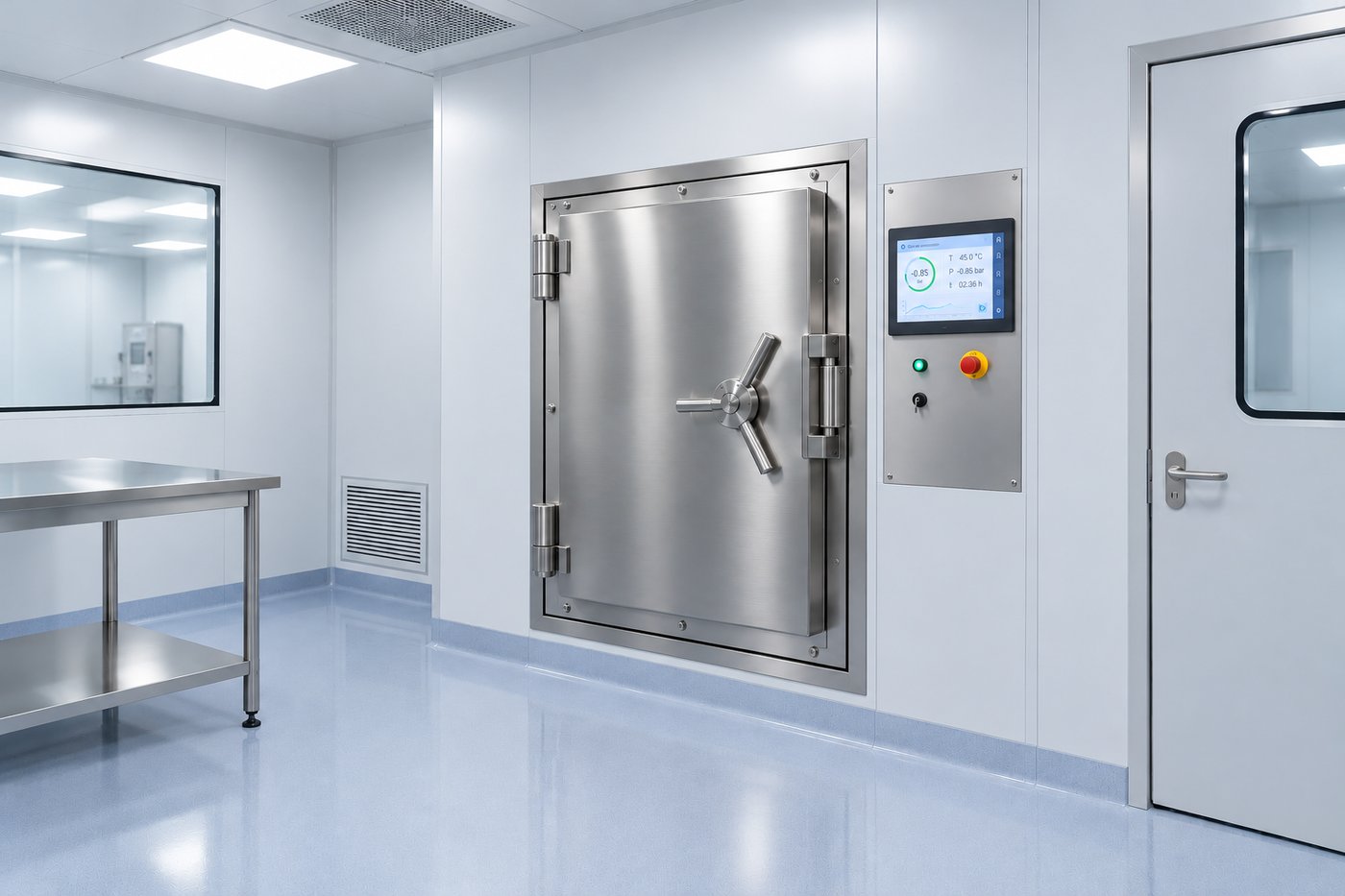 Reparto cleanroom con essiccatore a portello in acciaio inox, pannello di controllo con touchscreen e tavolo di lavoro in acciaio